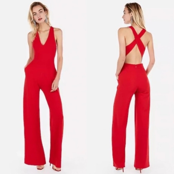 Crystal Sky Pants - Crystal Sky Sleeveless Criss Cross Back Wide Leg Jumpsuit, Red - Size M